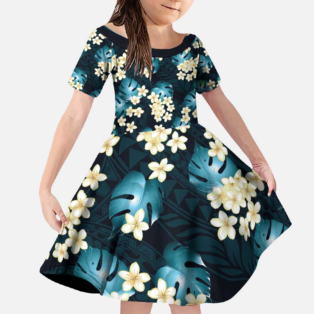 Dark Cyan Tropical Hawaii Family Matching Off Shoulder Maxi Dress and Hawaiian Shirt Seamless Monstera Plumeria Hawaiian Pattern LT14 Daughter's Dress Dark Cyan - Polynesian Pride