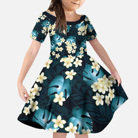 Dark Cyan Tropical Hawaii Family Matching Off Shoulder Maxi Dress and Hawaiian Shirt Seamless Monstera Plumeria Hawaiian Pattern LT14 Daughter's Dress Dark Cyan - Polynesian Pride