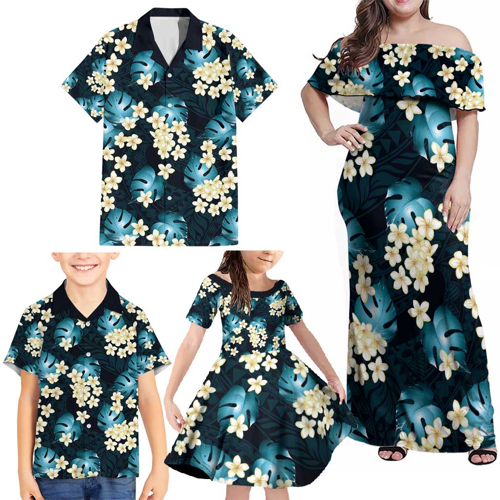Dark Cyan Tropical Hawaii Family Matching Off Shoulder Maxi Dress and Hawaiian Shirt Seamless Monstera Plumeria Hawaiian Pattern LT14 - Polynesian Pride