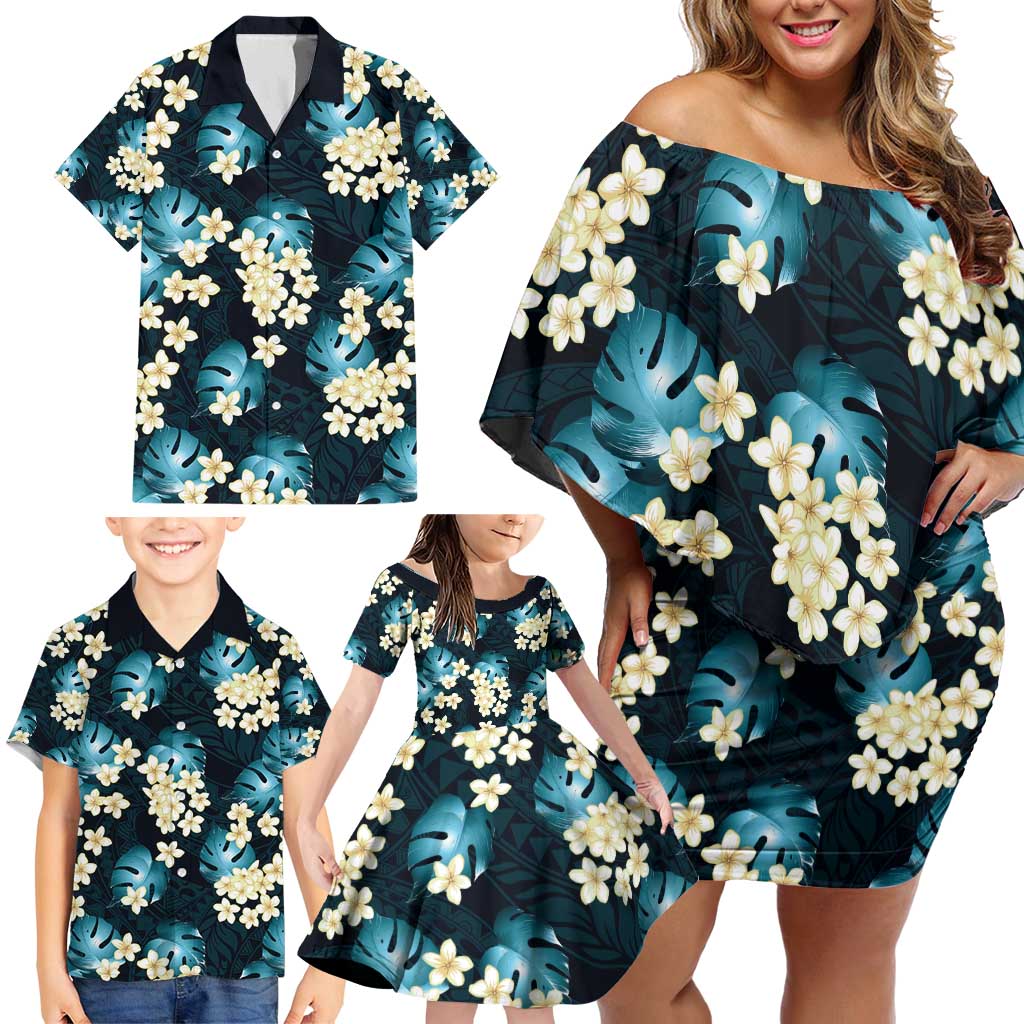 Dark Cyan Tropical Hawaii Family Matching Off Shoulder Short Dress and Hawaiian Shirt Seamless Monstera Plumeria Hawaiian Pattern LT14 - Polynesian Pride