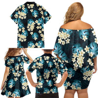 Dark Cyan Tropical Hawaii Family Matching Off Shoulder Short Dress and Hawaiian Shirt Seamless Monstera Plumeria Hawaiian Pattern LT14 - Polynesian Pride