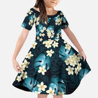 Dark Cyan Tropical Hawaii Family Matching Short Sleeve Bodycon Dress and Hawaiian Shirt Seamless Monstera Plumeria Hawaiian Pattern LT14 Daughter's Dress Dark Cyan - Polynesian Pride