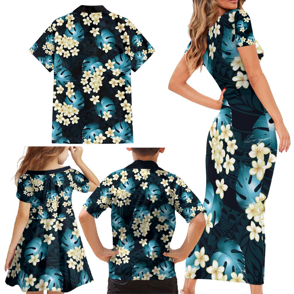 Dark Cyan Tropical Hawaii Family Matching Short Sleeve Bodycon Dress and Hawaiian Shirt Seamless Monstera Plumeria Hawaiian Pattern LT14 - Polynesian Pride