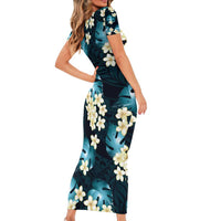 Dark Cyan Tropical Hawaii Family Matching Short Sleeve Bodycon Dress and Hawaiian Shirt Seamless Monstera Plumeria Hawaiian Pattern LT14 - Polynesian Pride