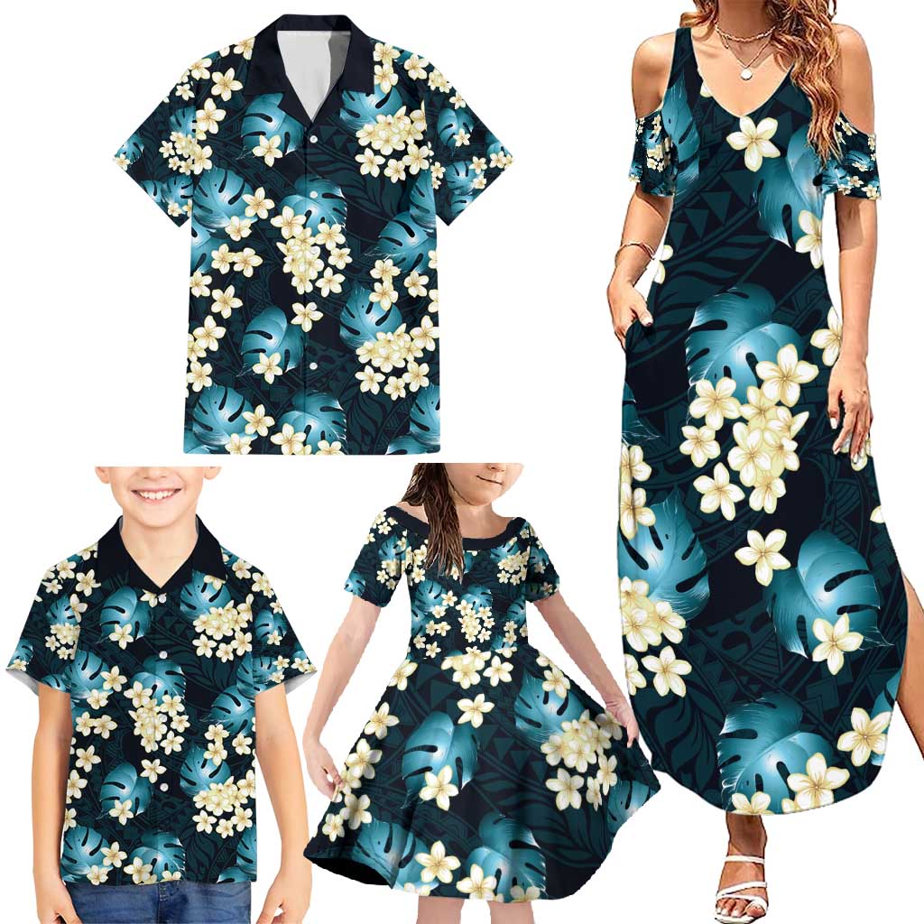 Dark Cyan Tropical Hawaii Family Matching Summer Maxi Dress and Hawaiian Shirt Seamless Monstera Plumeria Hawaiian Pattern LT14 - Polynesian Pride