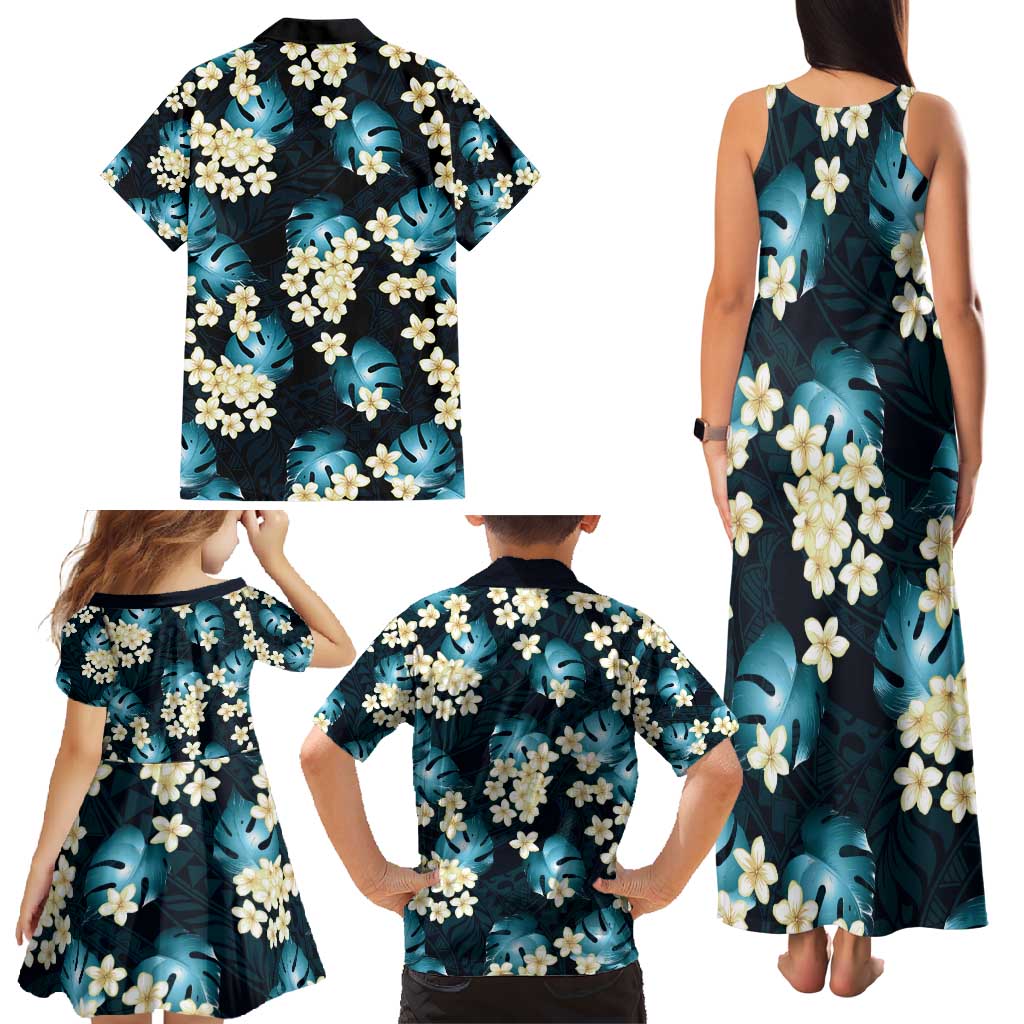 Dark Cyan Tropical Hawaii Family Matching Tank Maxi Dress and Hawaiian Shirt Seamless Monstera Plumeria Hawaiian Pattern LT14 - Polynesian Pride