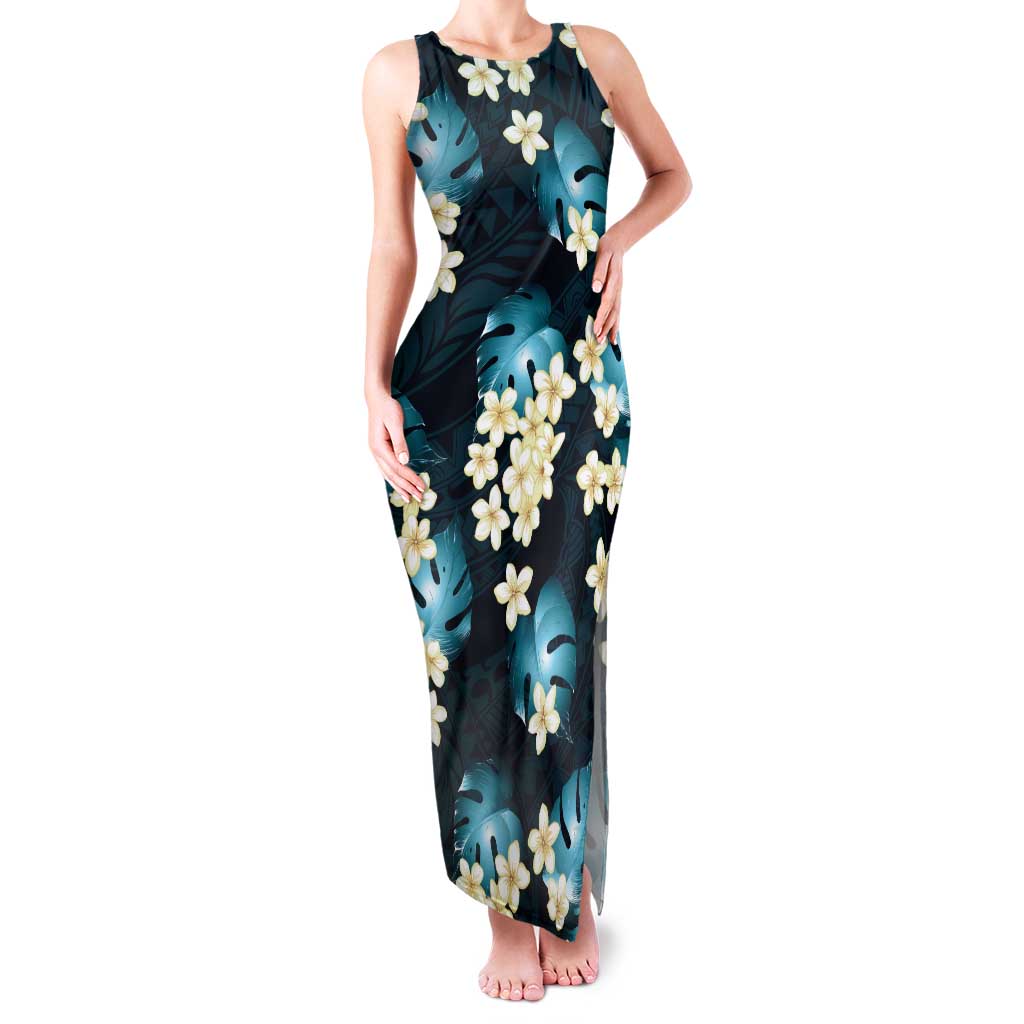Dark Cyan Tropical Hawaii Family Matching Tank Maxi Dress and Hawaiian Shirt Seamless Monstera Plumeria Hawaiian Pattern LT14 Mom's Dress Dark Cyan - Polynesian Pride