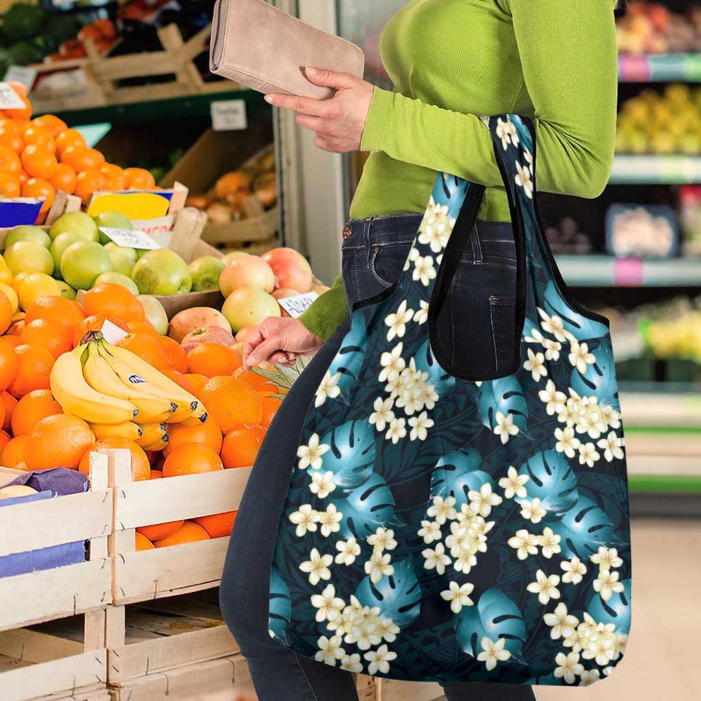 Dark Cyan Tropical Hawaii Grocery Bag Seamless Monstera Plumeria Hawaiian Pattern - Polynesian Pride