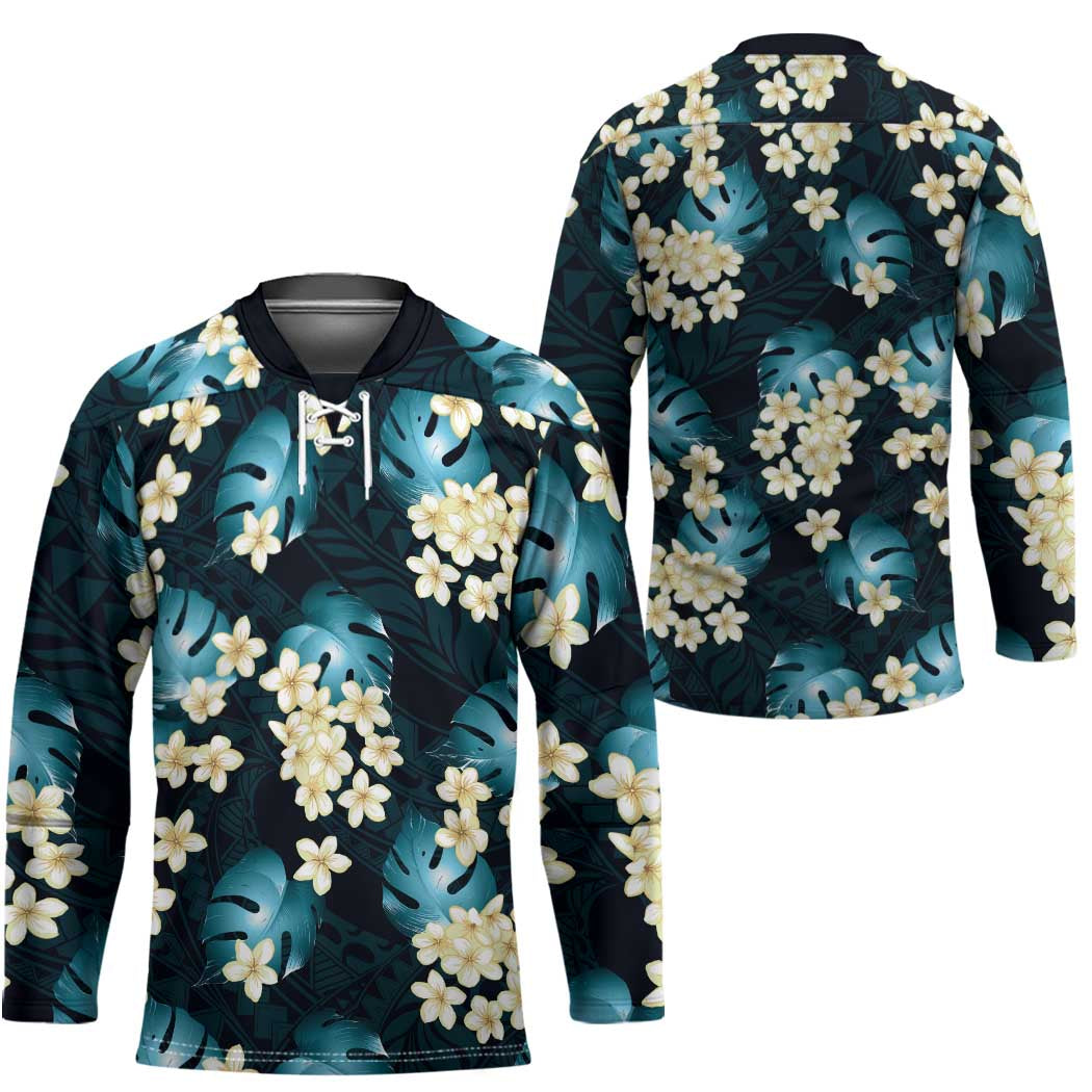 Dark Cyan Tropical Hawaii Hockey Jersey Seamless Monstera Plumeria Hawaiian Pattern - Polynesian Pride