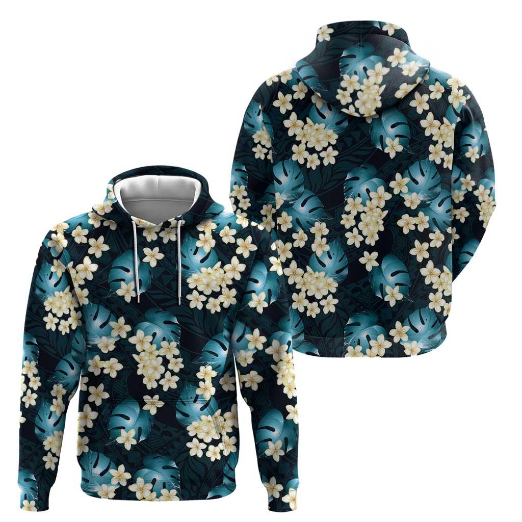 Dark Cyan Tropical Hawaii Hoodie Seamless Monstera Plumeria Hawaiian Pattern - Polynesian Pride