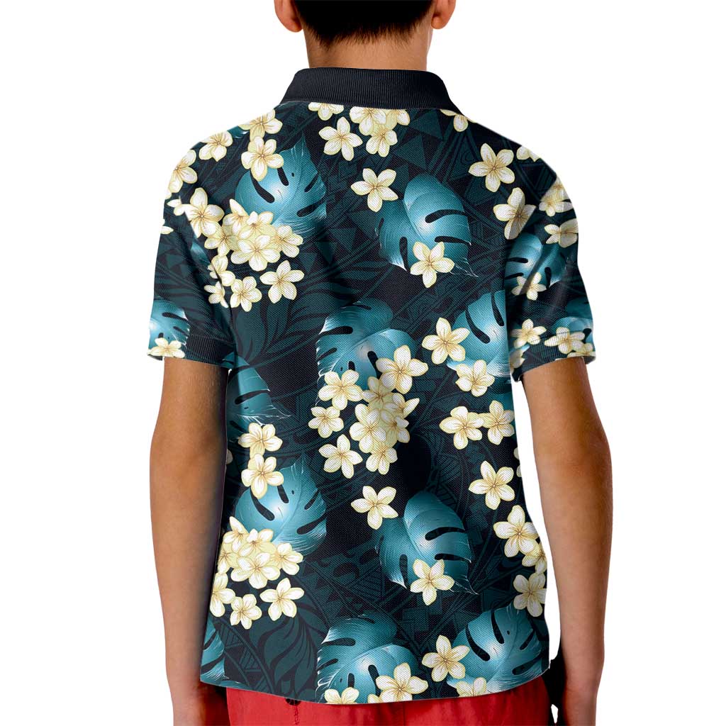 Dark Cyan Tropical Hawaii Kid Polo Shirt Seamless Monstera Plumeria Hawaiian Pattern LT14 - Polynesian Pride