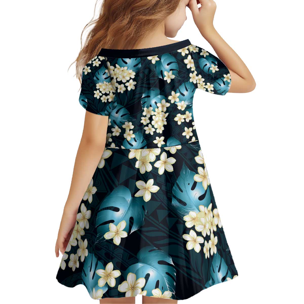 Dark Cyan Tropical Hawaii Kid Short Sleeve Dress Seamless Monstera Plumeria Hawaiian Pattern - Polynesian Pride