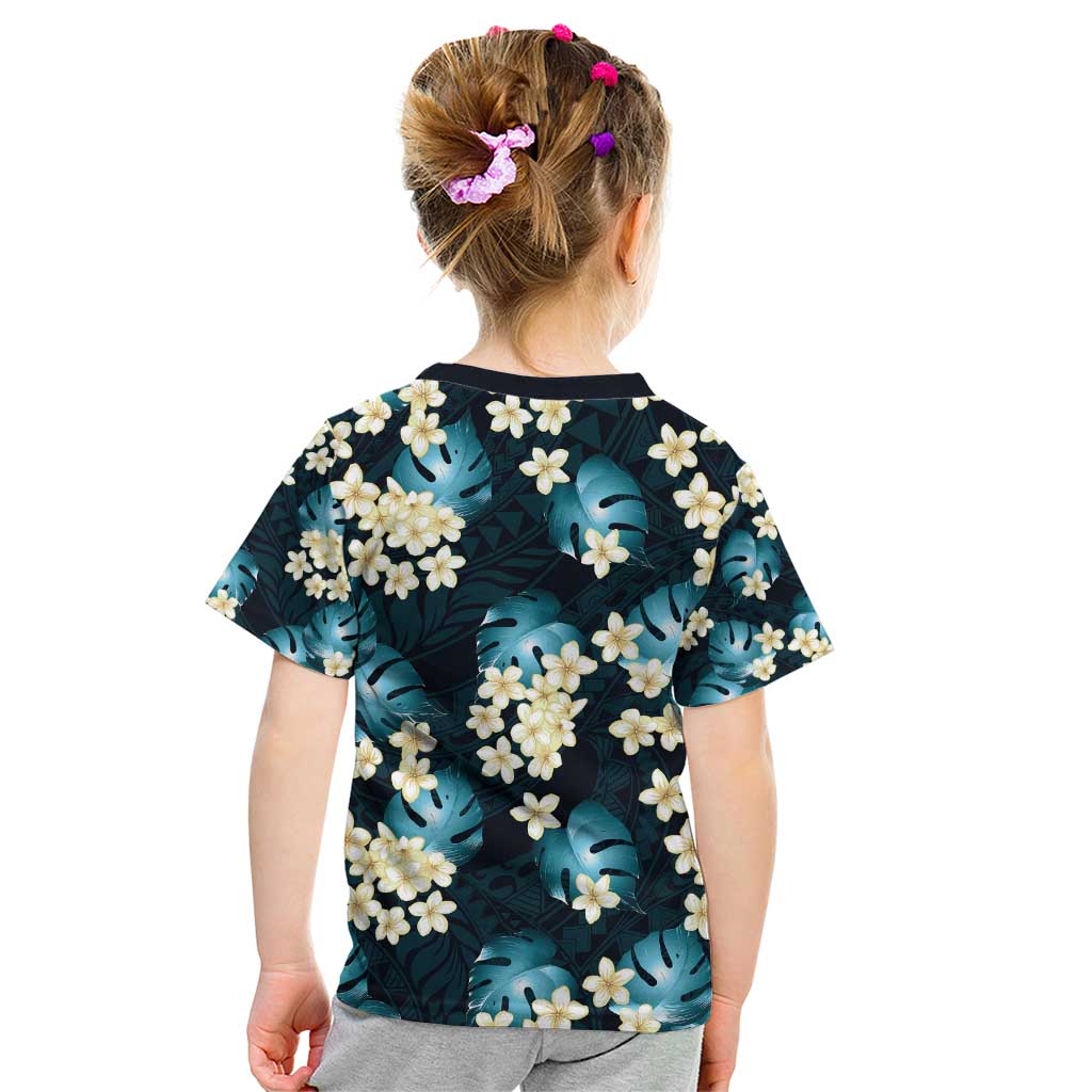Dark Cyan Tropical Hawaii Kid T Shirt Seamless Monstera Plumeria Hawaiian Pattern LT14 - Polynesian Pride