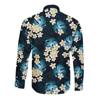 Dark Cyan Tropical Hawaii Long Sleeve Button Shirt Seamless Monstera Plumeria Hawaiian Pattern - Polynesian Pride