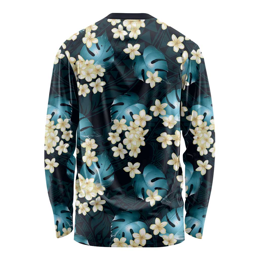 Dark Cyan Tropical Hawaii Long Sleeve Shirt Seamless Monstera Plumeria Hawaiian Pattern - Polynesian Pride