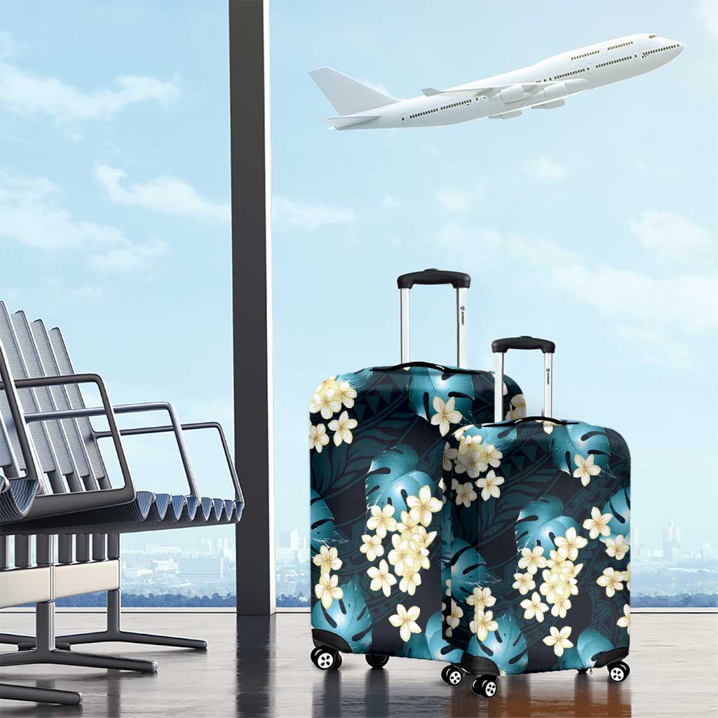 Dark Cyan Tropical Hawaii Luggage Cover Seamless Monstera Plumeria Hawaiian Pattern - Polynesian Pride
