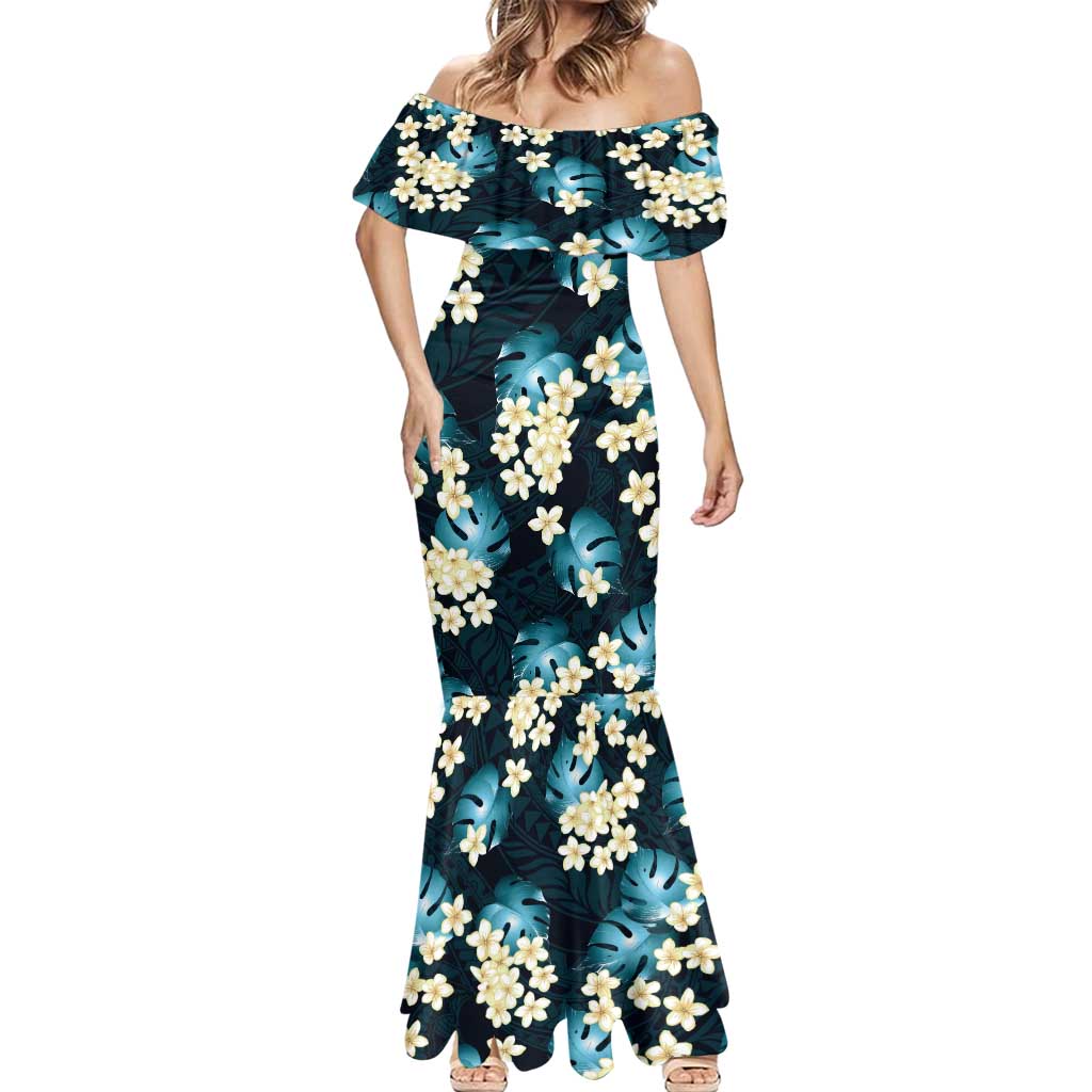 Dark Cyan Tropical Hawaii Mermaid Dress Seamless Monstera Plumeria Hawaiian Pattern - Polynesian Pride