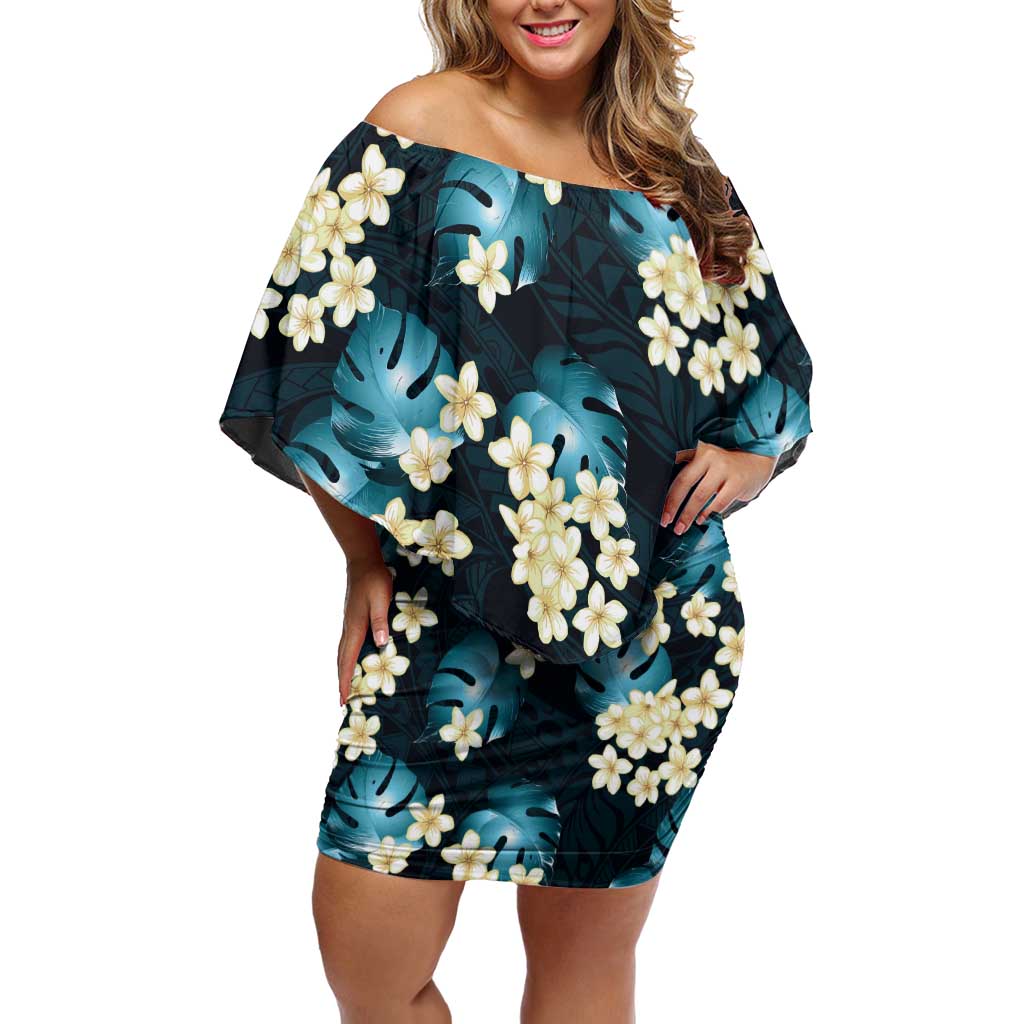 Dark Cyan Tropical Hawaii Off Shoulder Short Dress Seamless Monstera Plumeria Hawaiian Pattern LT14 Women Dark Cyan - Polynesian Pride