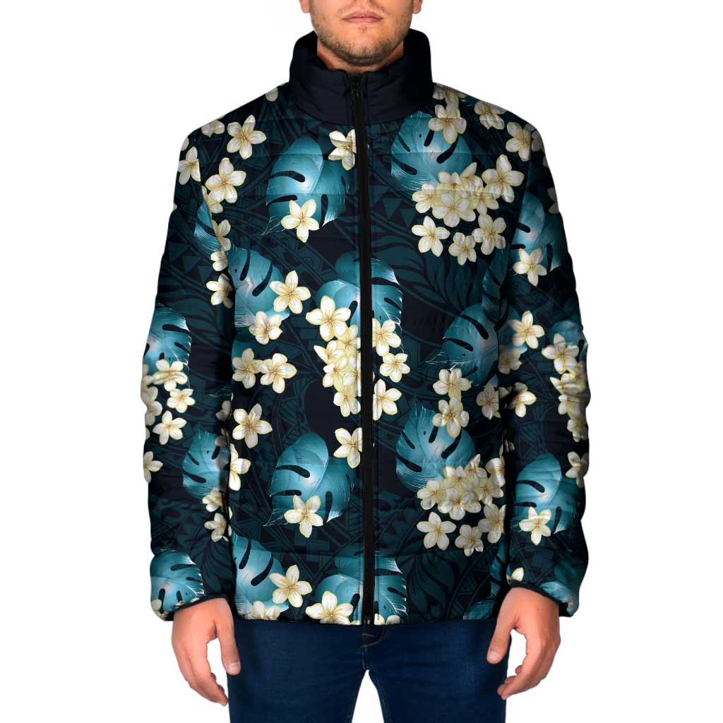 Dark Cyan Tropical Hawaii Padded Jacket Seamless Monstera Plumeria Hawaiian Pattern - Polynesian Pride