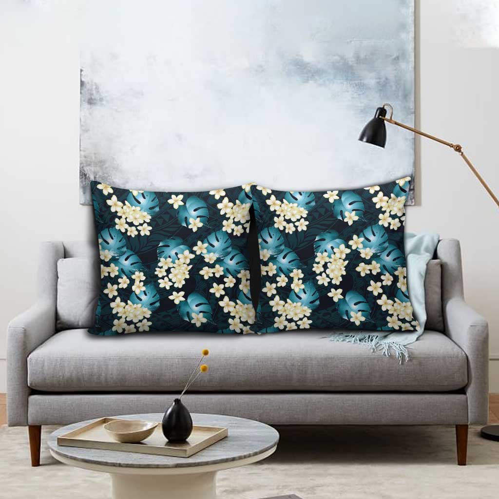 Dark Cyan Tropical Hawaii Pillow Cover Seamless Monstera Plumeria Hawaiian Pattern - Polynesian Pride
