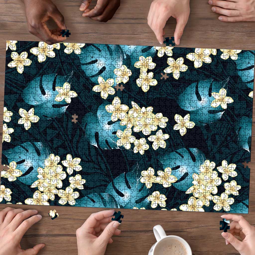 Dark Cyan Tropical Hawaii Puzzle Seamless Monstera Plumeria Hawaiian Pattern - Polynesian Pride