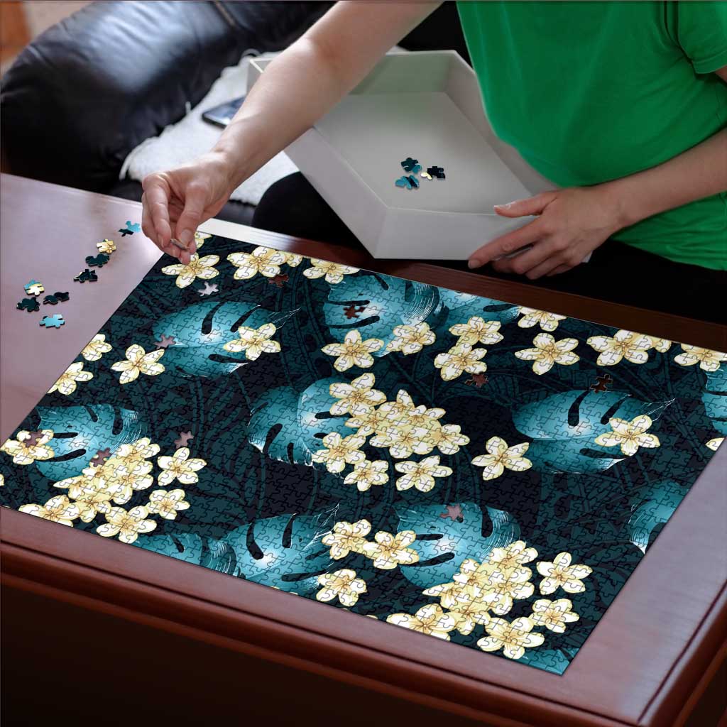Dark Cyan Tropical Hawaii Puzzle Seamless Monstera Plumeria Hawaiian Pattern - Polynesian Pride