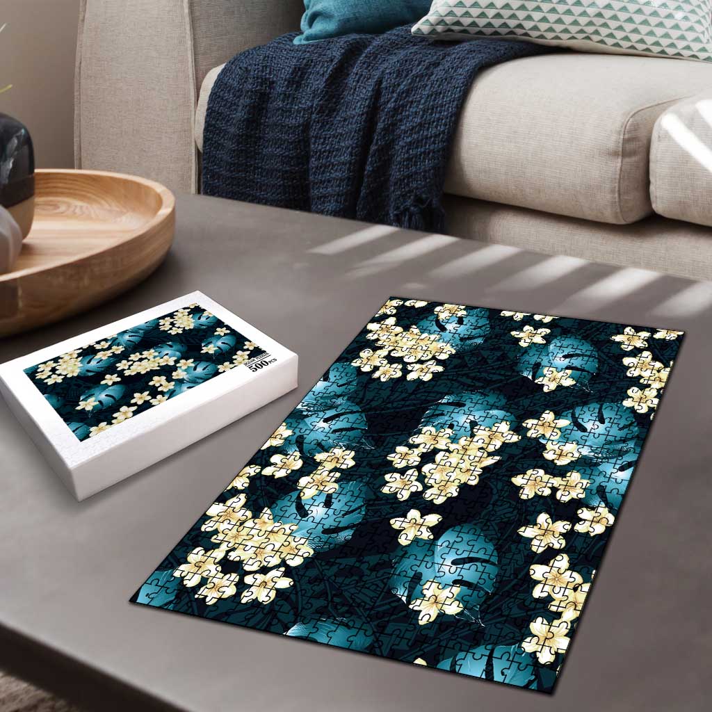 Dark Cyan Tropical Hawaii Puzzle Seamless Monstera Plumeria Hawaiian Pattern - Polynesian Pride