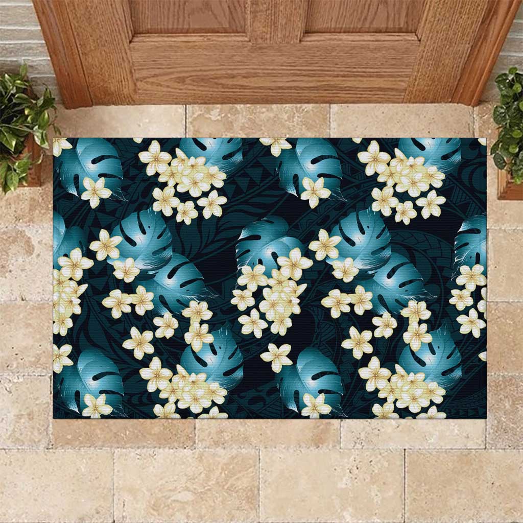 Dark Cyan Tropical Hawaii Rubber Doormat Seamless Monstera Plumeria Hawaiian Pattern - Polynesian Pride
