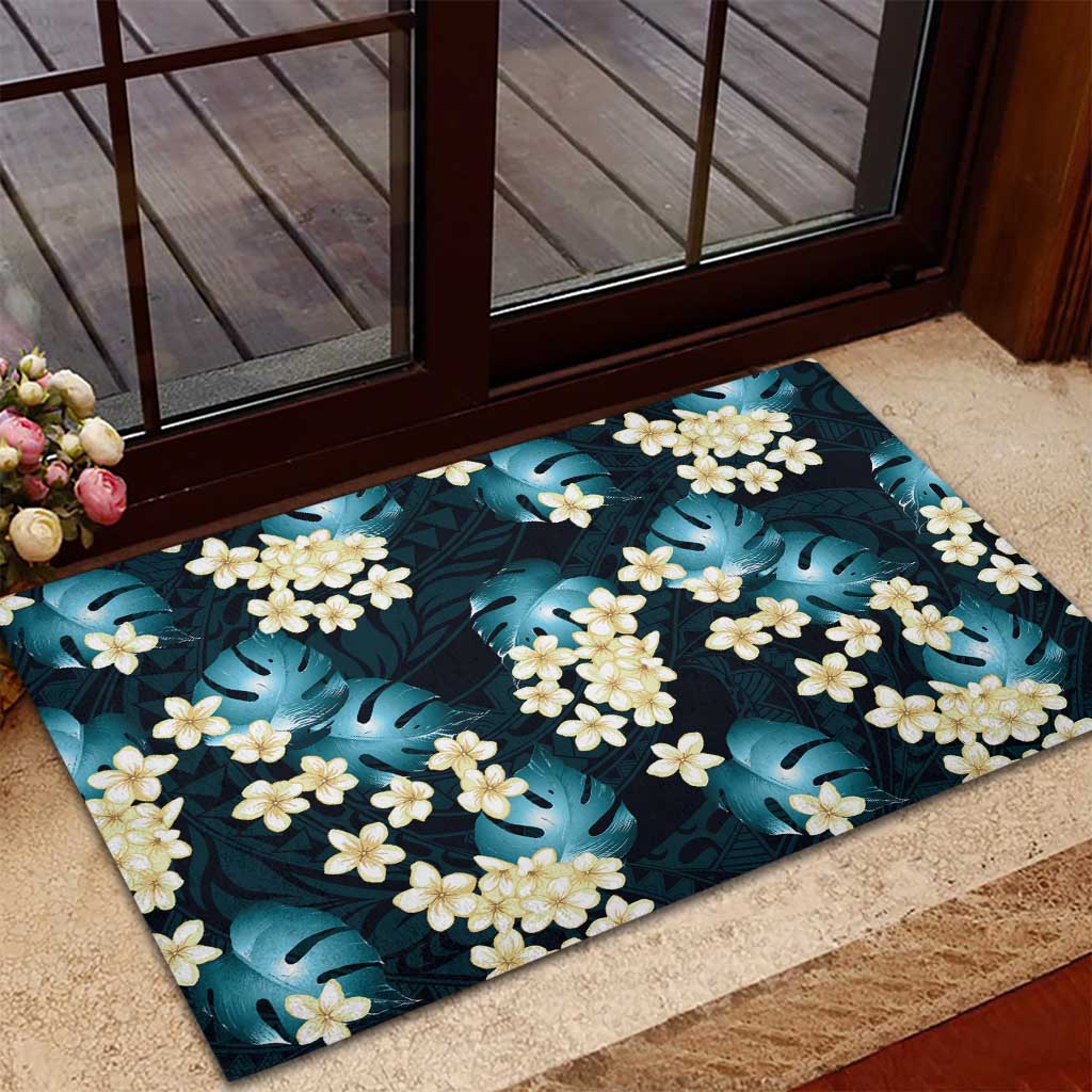 Dark Cyan Tropical Hawaii Rubber Doormat Seamless Monstera Plumeria Hawaiian Pattern - Polynesian Pride