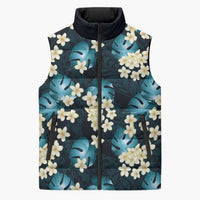 Dark Cyan Tropical Hawaii Sleeveless Puffer Jacket Seamless Monstera Plumeria Hawaiian Pattern - Polynesian Pride
