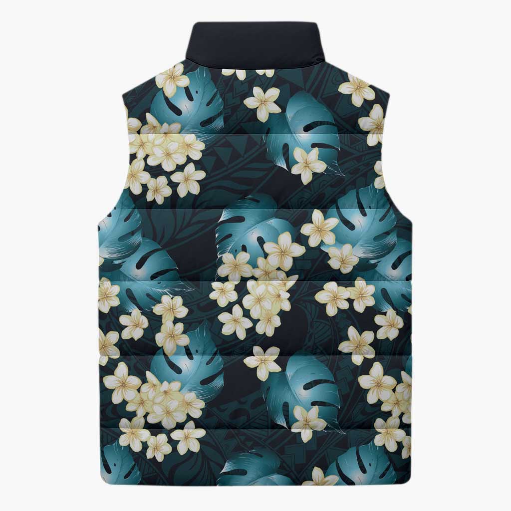 Dark Cyan Tropical Hawaii Sleeveless Puffer Jacket Seamless Monstera Plumeria Hawaiian Pattern - Polynesian Pride
