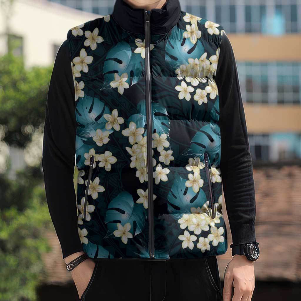 Dark Cyan Tropical Hawaii Sleeveless Puffer Jacket Seamless Monstera Plumeria Hawaiian Pattern - Polynesian Pride