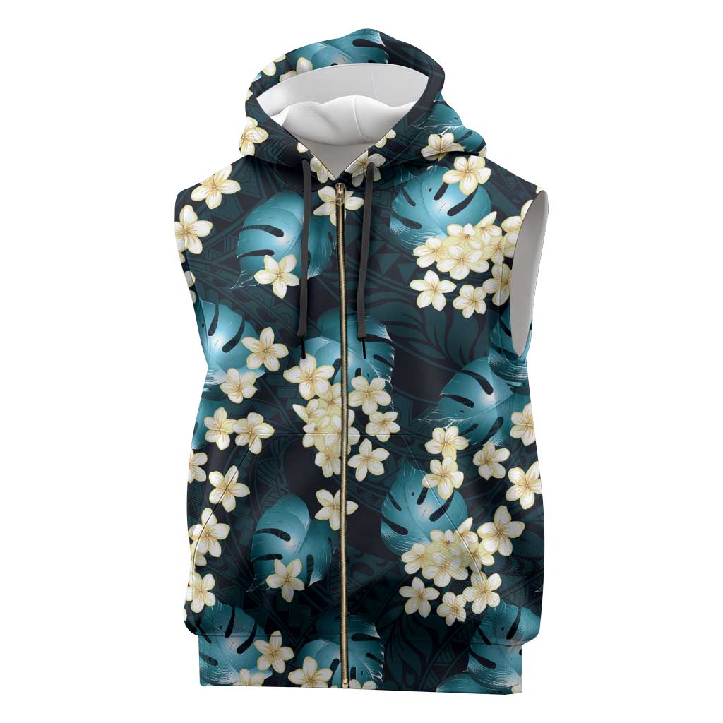 Dark Cyan Tropical Hawaii Sleeveless Zip Hoodie Seamless Monstera Plumeria Hawaiian Pattern - Polynesian Pride