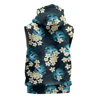 Dark Cyan Tropical Hawaii Sleeveless Zip Hoodie Seamless Monstera Plumeria Hawaiian Pattern - Polynesian Pride