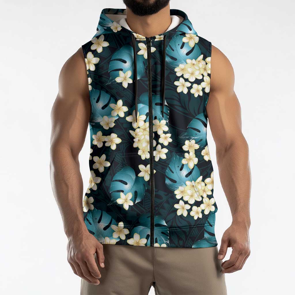 Dark Cyan Tropical Hawaii Sleeveless Zip Hoodie Seamless Monstera Plumeria Hawaiian Pattern - Polynesian Pride