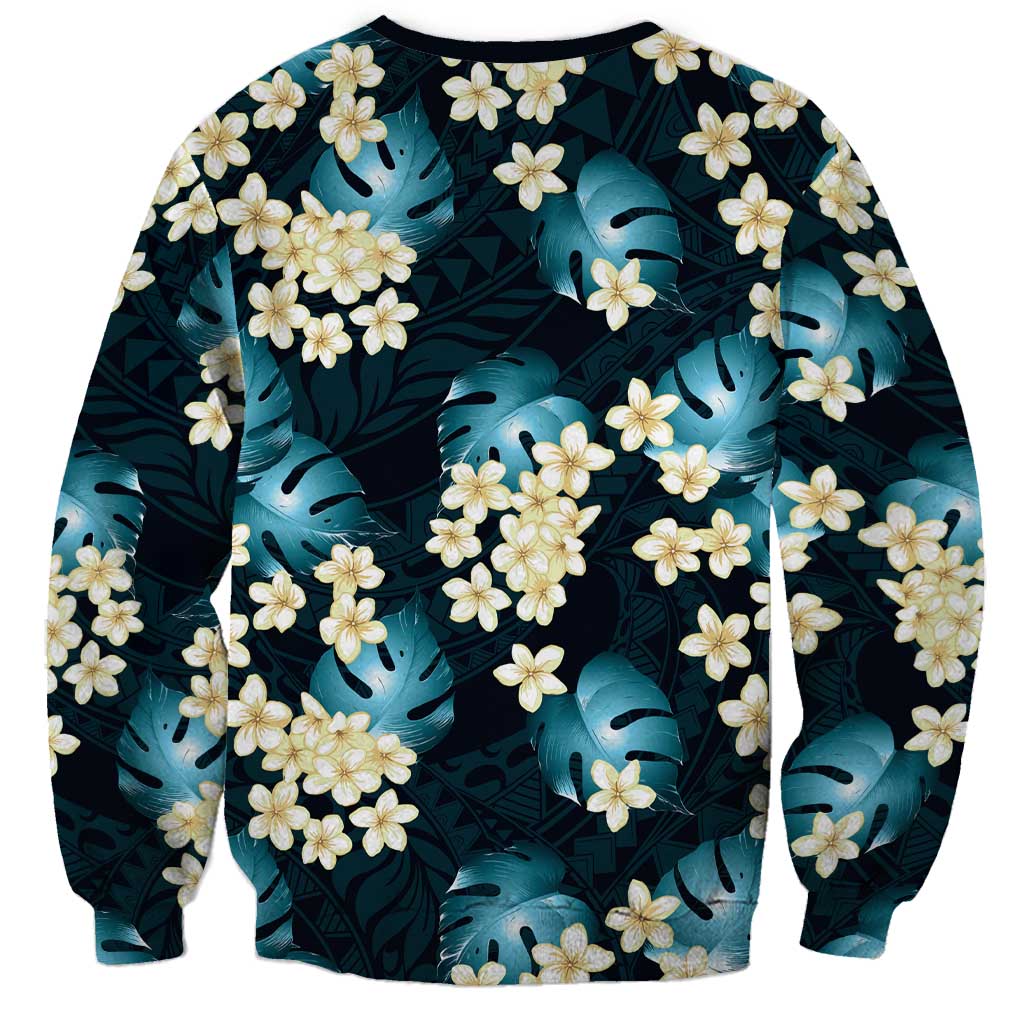 Dark Cyan Tropical Hawaii Sweatshirt Seamless Monstera Plumeria Hawaiian Pattern - Polynesian Pride