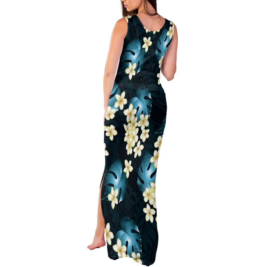 Dark Cyan Tropical Hawaii Tank Maxi Dress Seamless Monstera Plumeria Hawaiian Pattern - Polynesian Pride