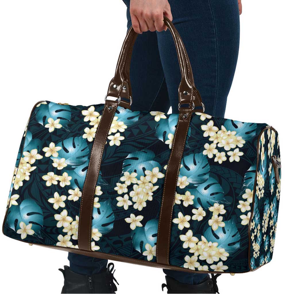 Dark Cyan Tropical Hawaii Travel Bag Seamless Monstera Plumeria Hawaiian Pattern - Polynesian Pride