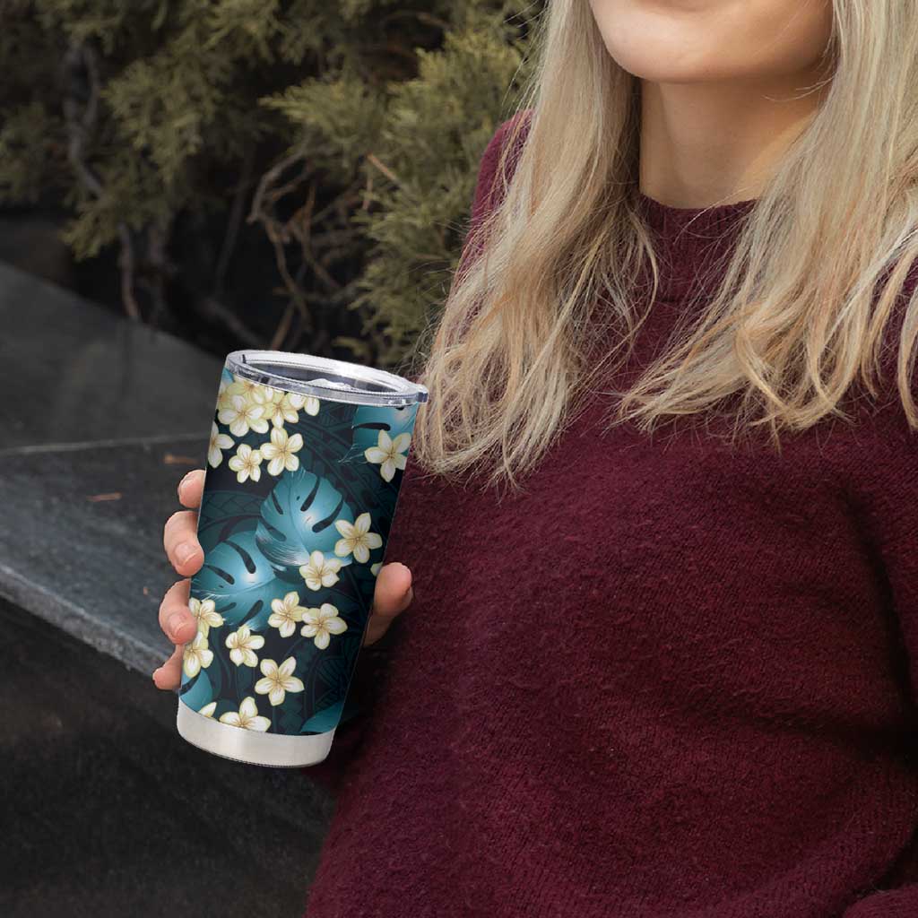 Dark Cyan Tropical Hawaii Tumbler Cup Seamless Monstera Plumeria Hawaiian Pattern - Polynesian Pride