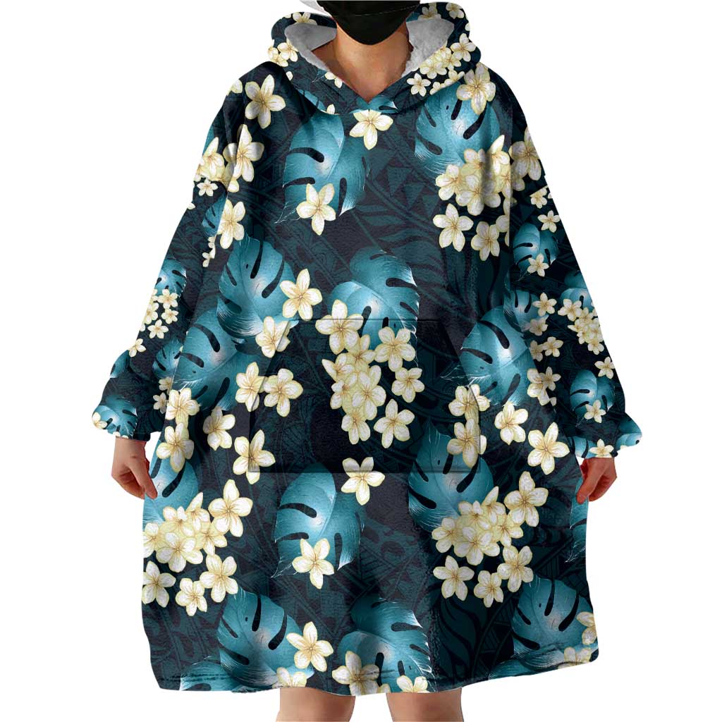 Dark Cyan Tropical Hawaii Wearable Blanket Hoodie Seamless Monstera Plumeria Hawaiian Pattern - Polynesian Pride