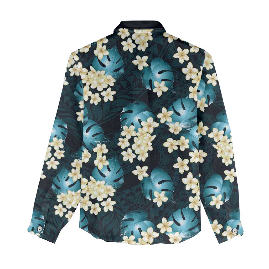 Dark Cyan Tropical Hawaii Women Casual Shirt Seamless Monstera Plumeria Hawaiian Pattern - Polynesian Pride