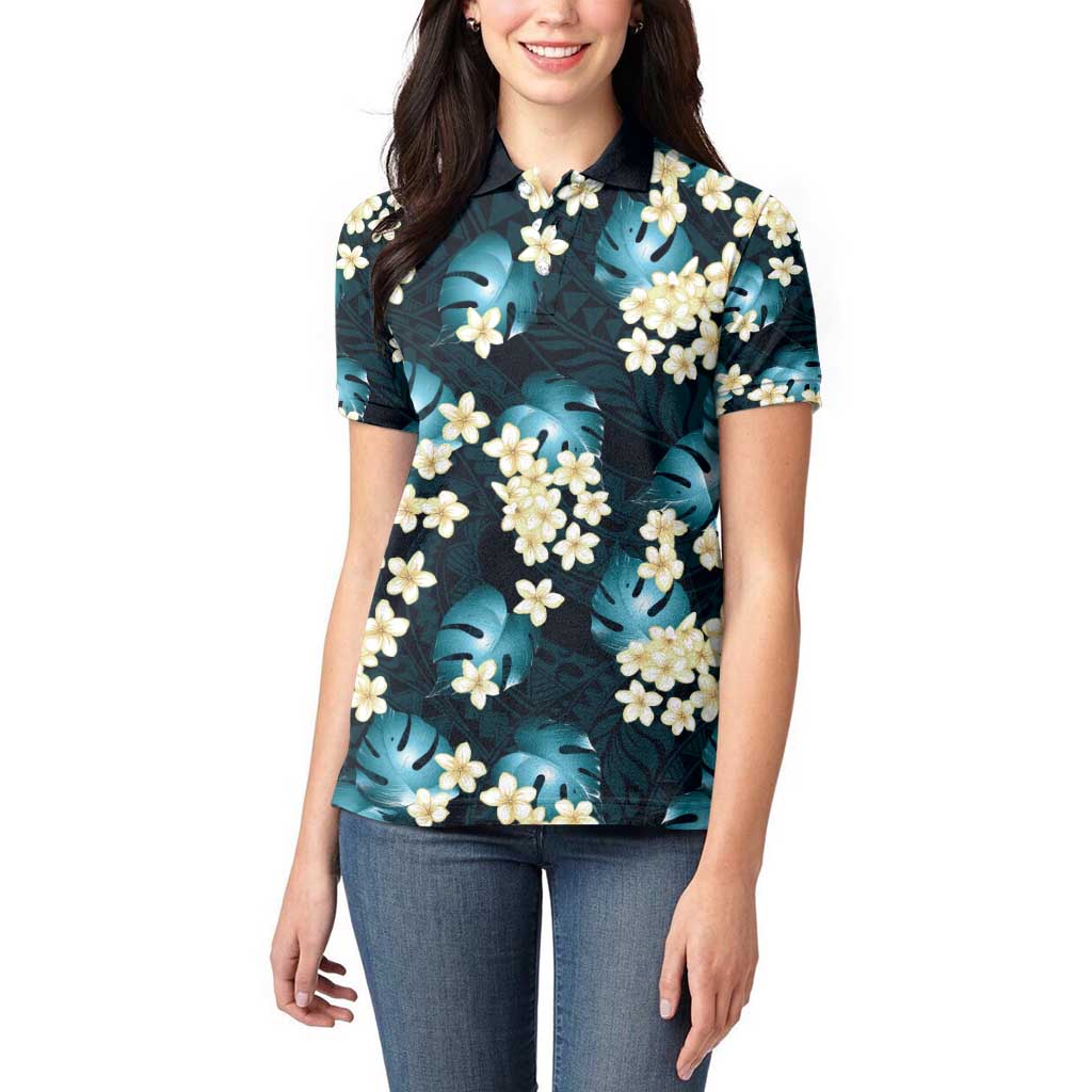 Dark Cyan Tropical Hawaii Women Polo Shirt Seamless Monstera Plumeria Hawaiian Pattern - Polynesian Pride