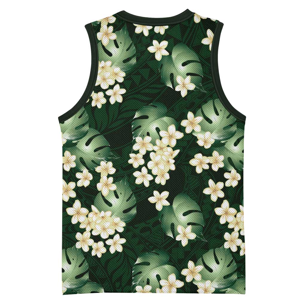 Green Tropical Hawaii Basketball Jersey Seamless Monstera Plumeria Hawaiian Pattern - Polynesian Pride