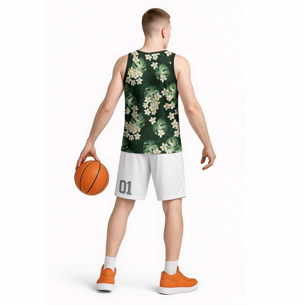 Green Tropical Hawaii Basketball Jersey Seamless Monstera Plumeria Hawaiian Pattern - Polynesian Pride