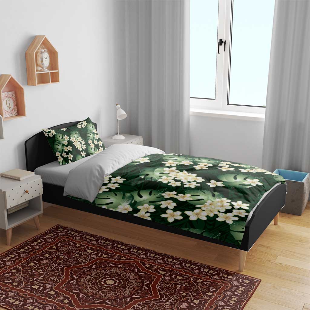 Green Tropical Hawaii Bedding Set Seamless Monstera Plumeria Hawaiian Pattern - Polynesian Pride