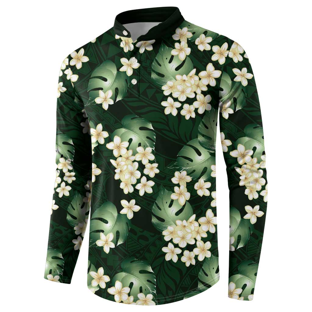 Green Tropical Hawaii Button Sweatshirt Seamless Monstera Plumeria Hawaiian Pattern - Polynesian Pride