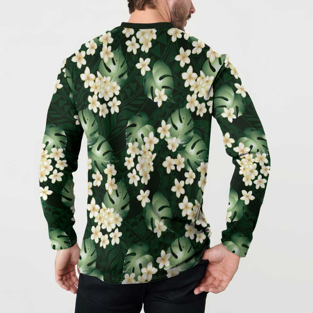 Green Tropical Hawaii Button Sweatshirt Seamless Monstera Plumeria Hawaiian Pattern - Polynesian Pride