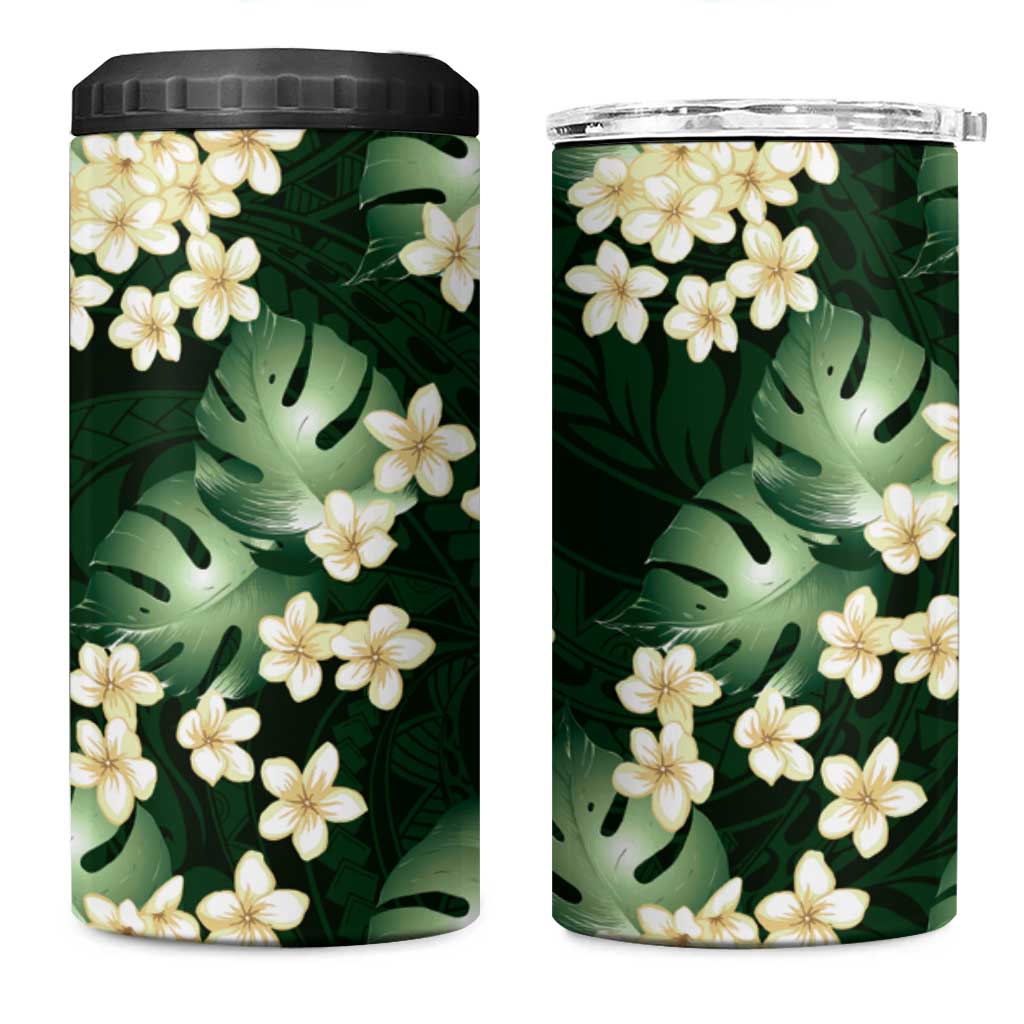 Green Tropical Hawaii 4 in 1 Can Cooler Tumbler Seamless Monstera Plumeria Hawaiian Pattern - Polynesian Pride