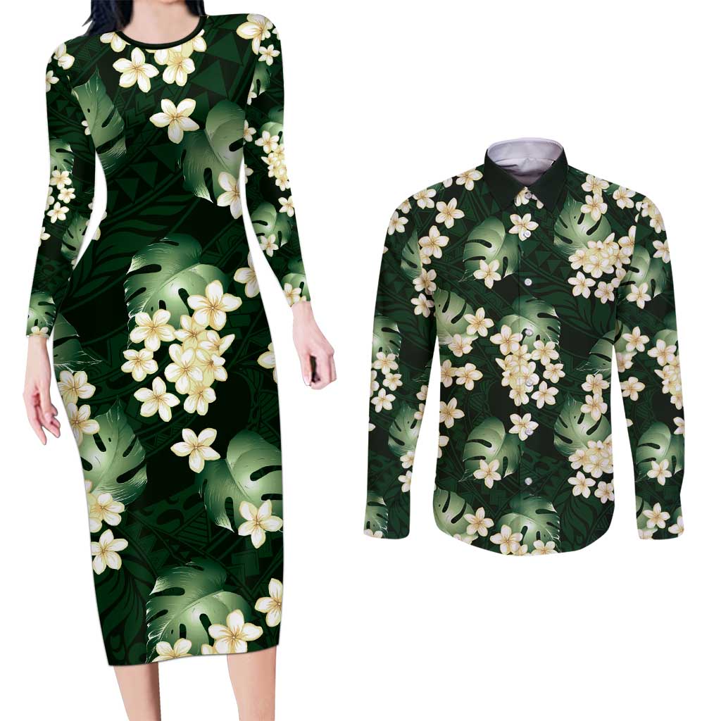 Green Tropical Hawaii Couples Matching Long Sleeve Bodycon Dress and Long Sleeve Button Shirt Seamless Monstera Plumeria Hawaiian Pattern - Polynesian Pride