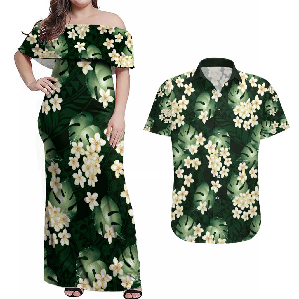 Green Tropical Hawaii Couples Matching Off Shoulder Maxi Dress and Hawaiian Shirt Seamless Monstera Plumeria Hawaiian Pattern LT14 Green - Polynesian Pride